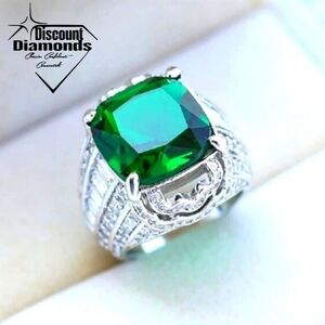 Emerald & Clear White Baguette  Diamond Cocktail Ring 14K White Gold 925 Silver